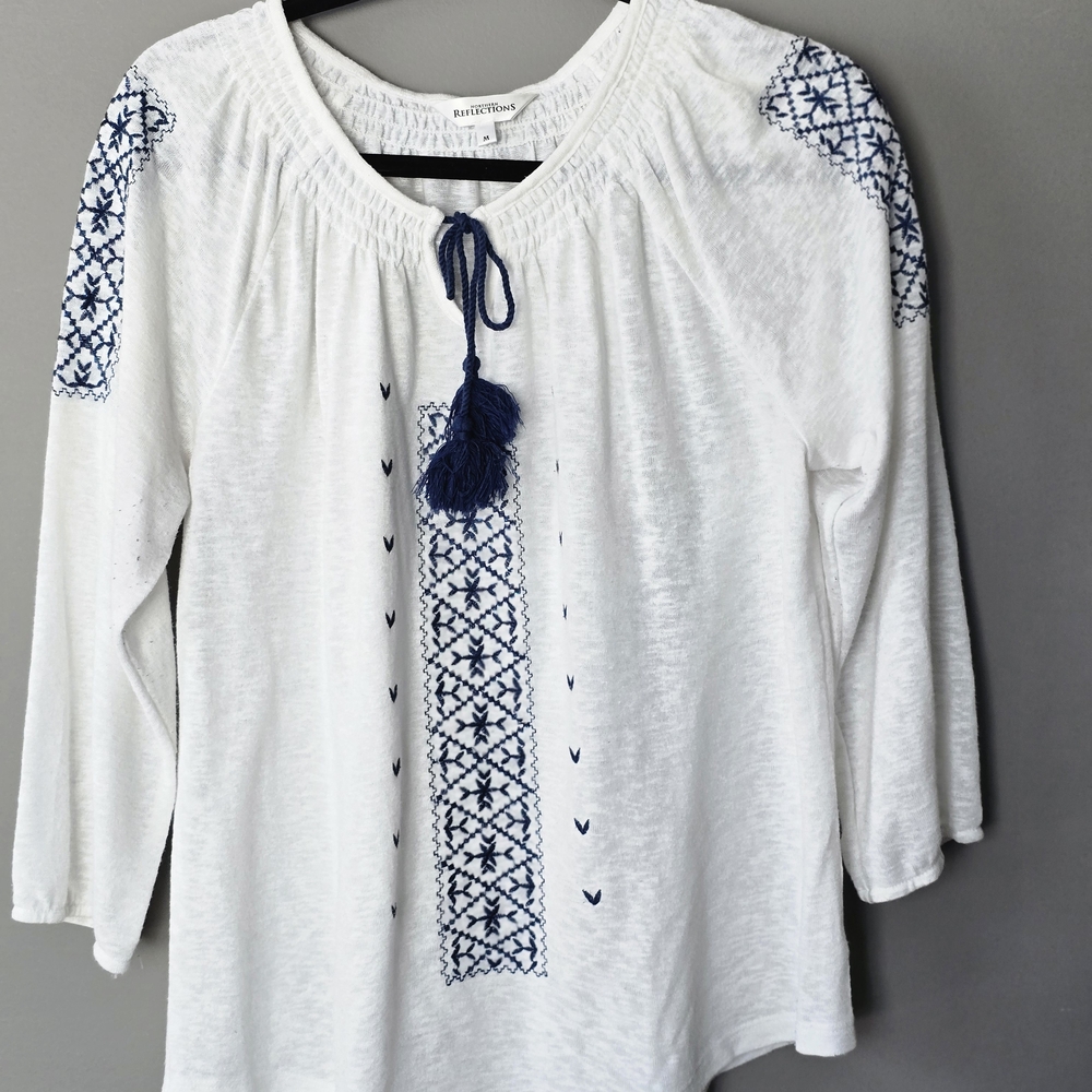 Northern Reflections White Tunic with Navy Embroidery